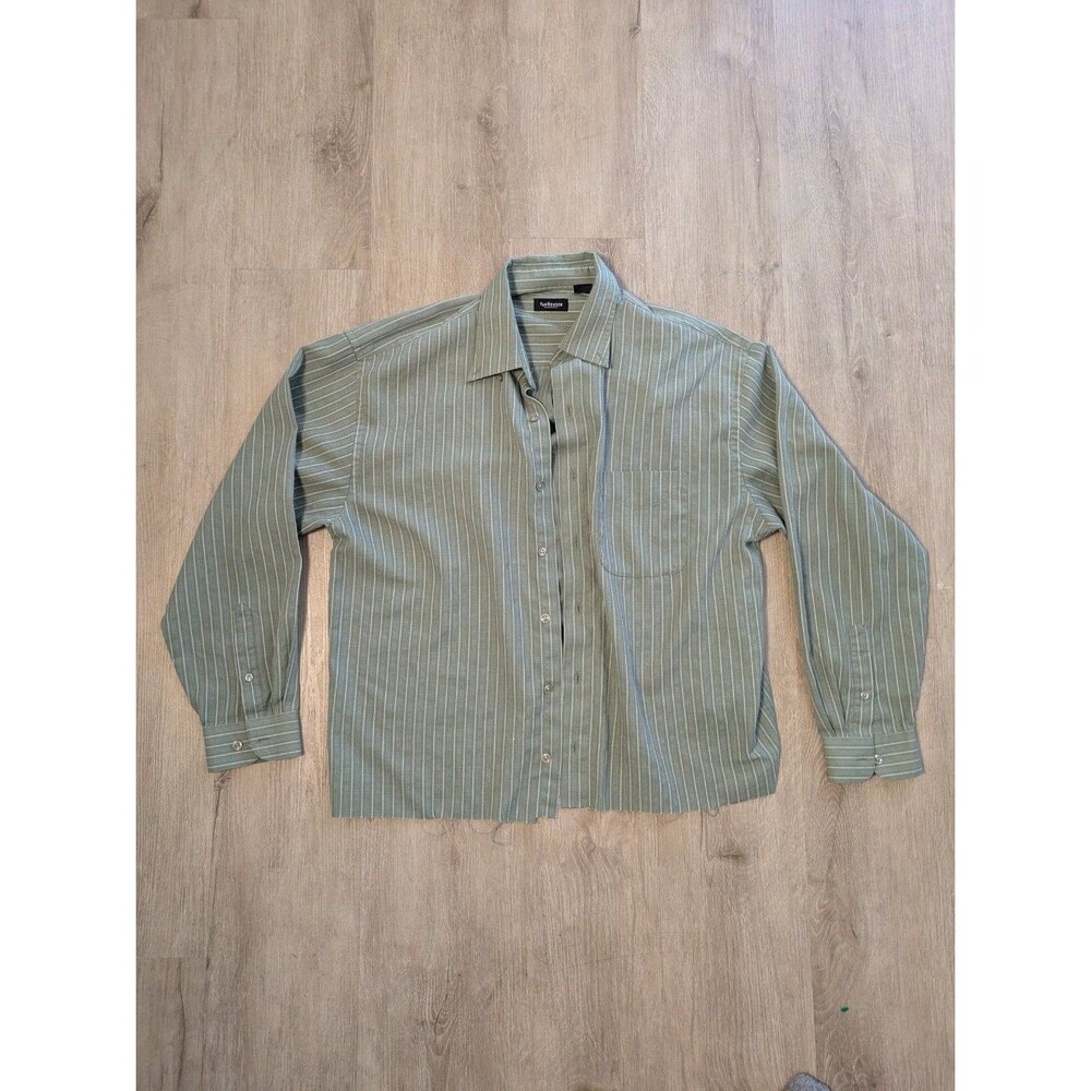 Green White Striped Long Sleeve Button-Up Mens L